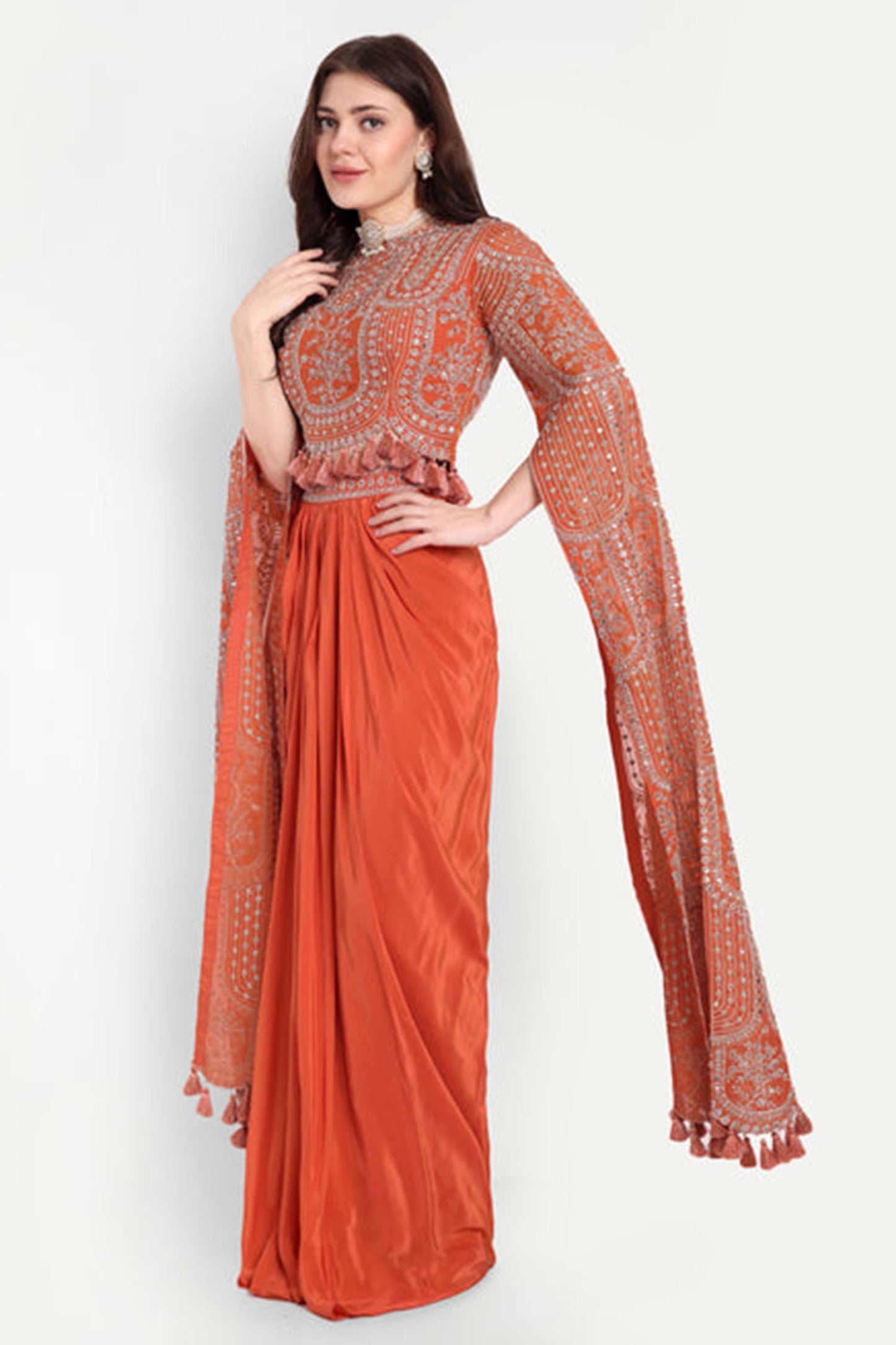 Orange Set Of Long Sleeves Top And Dhoti Skirt