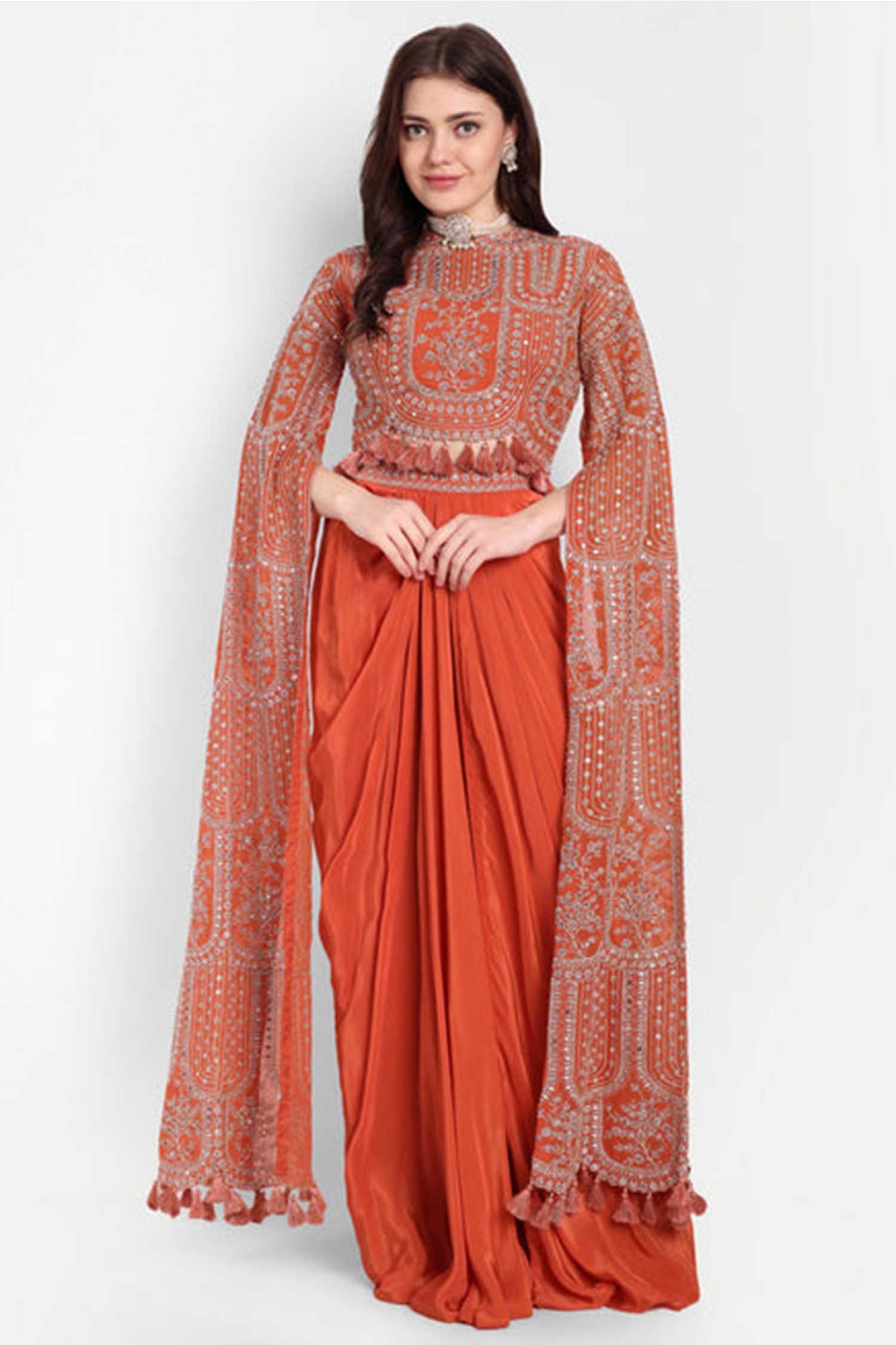 Orange Set Of Long Sleeves Top And Dhoti Skirt