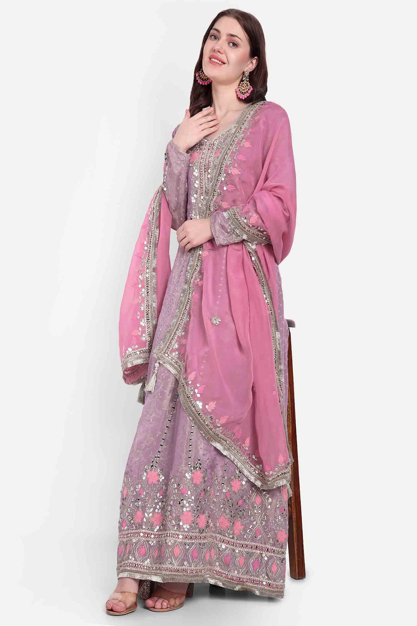 Pink Gotta Patti Full Sleeves Anarkali With Dupatta