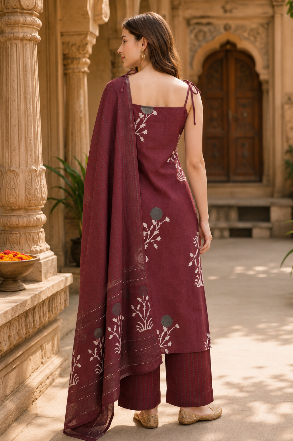 Cherry  Handblock Pure Cotton Kurta Set With Dupatta