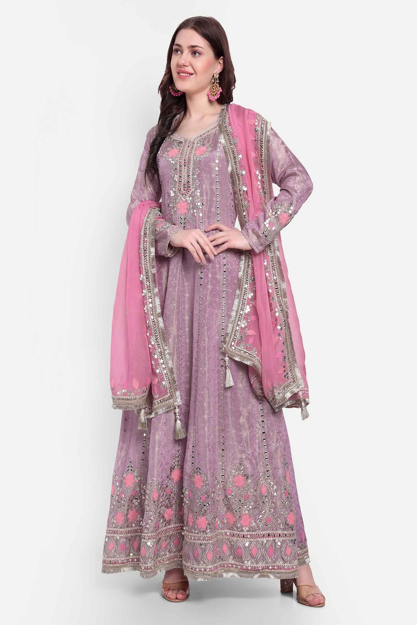 Pink Gotta Patti Full Sleeves Anarkali With Dupatta