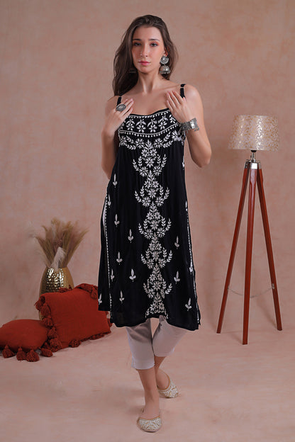 Black noodle strap chikankari hand- embroidered kurta