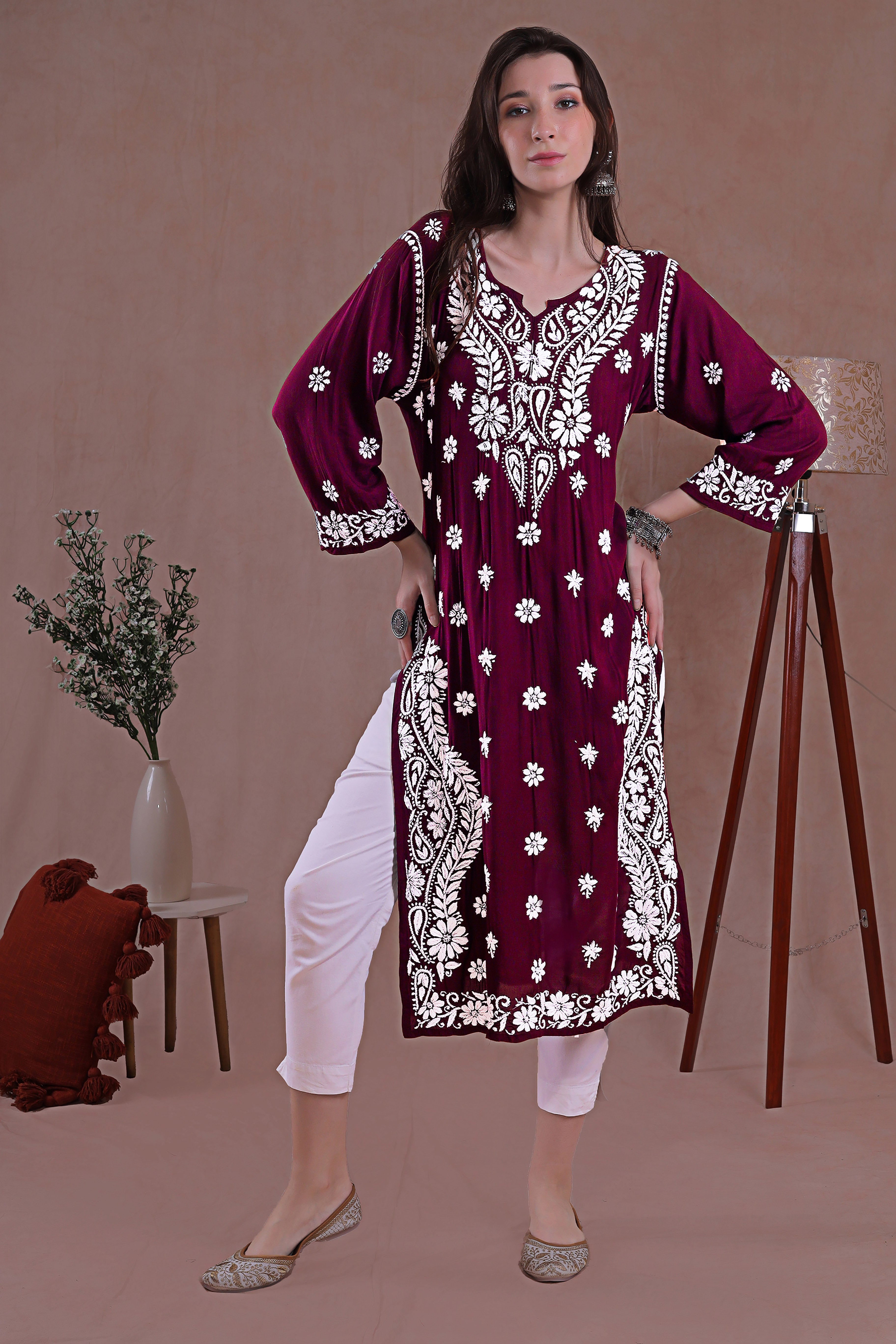 Maroon Chikankari Kurta, a perfect blend of tradition and elegance.