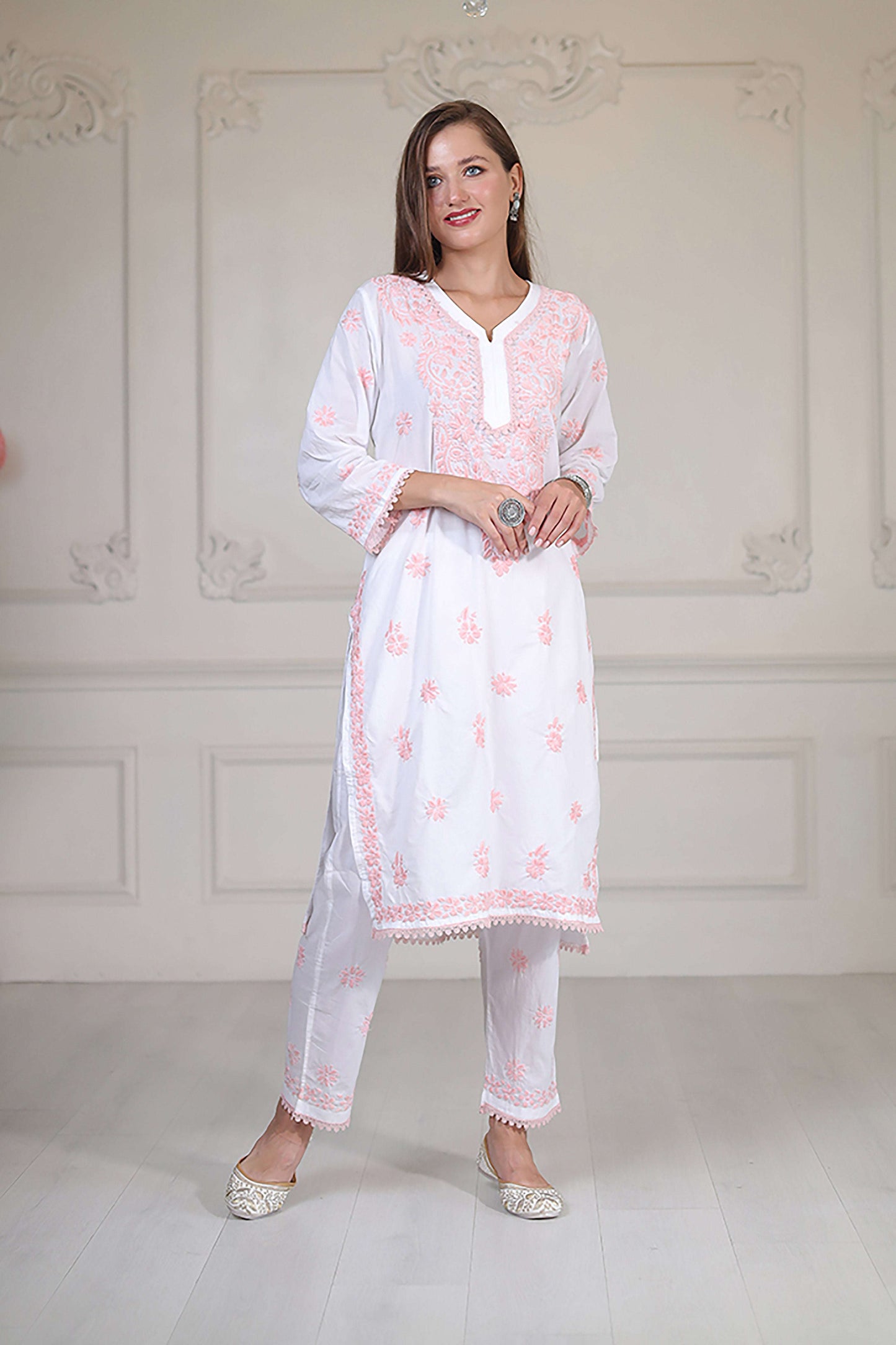 Peach Chikankari On White Kurta Set fabric so soft feels like feather on skin