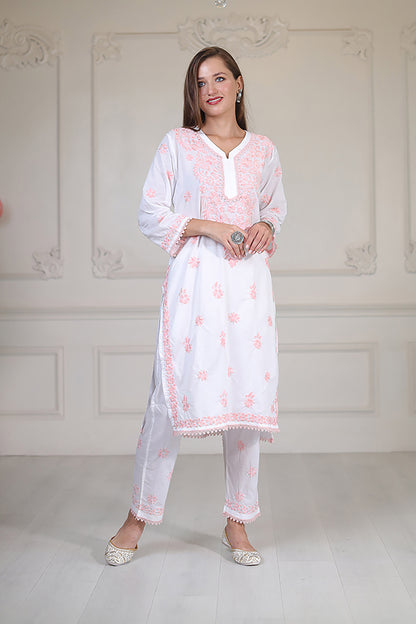 Peach Chikankari On White Kurta Set fabric so soft feels like feather on skin