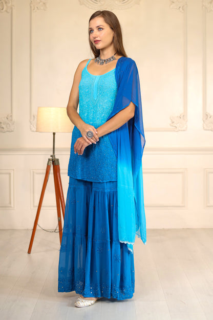 The graceful ombre effect blends vibrant royal blue hues, creating a stunning visual appeal.