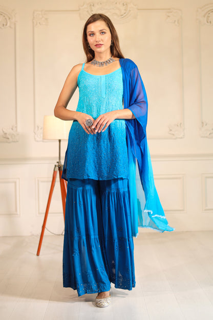 Dazzle in our hand crafted ombre shaded Blue georgette Sharara set