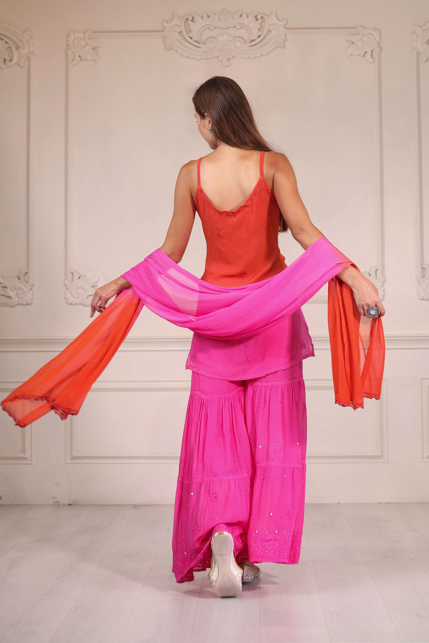 orange and pink Chikankari Sharara set with Dupatta