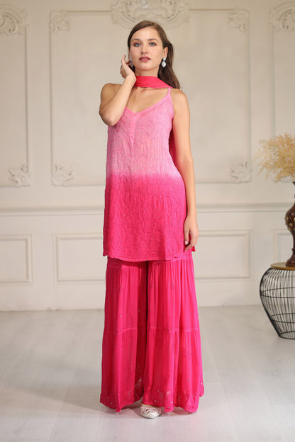 hand crafted ombre shaded pink georgette Sharara set