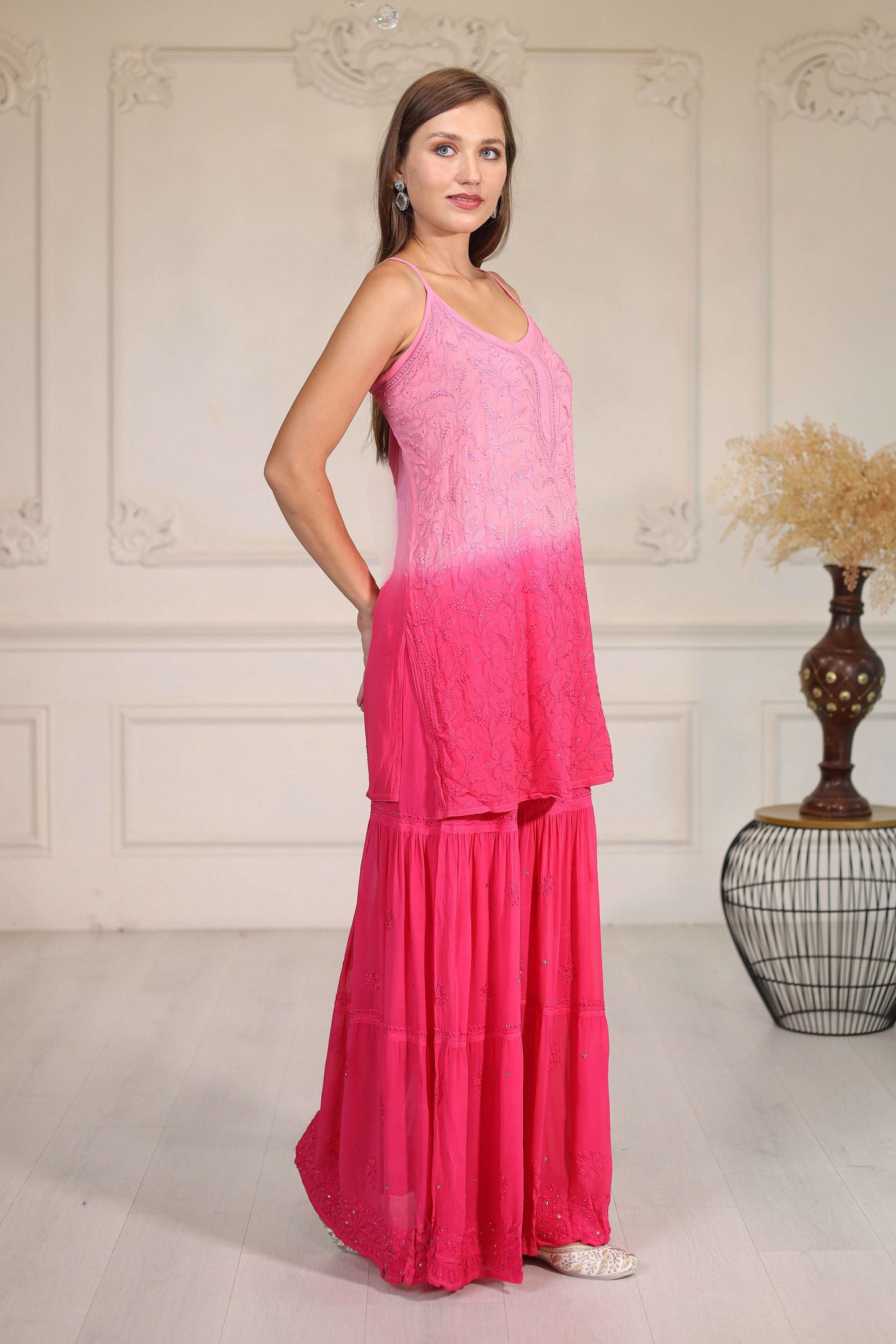 The graceful ombre effect blends vibrant royal Pink hues, creating a stunning visual appeal