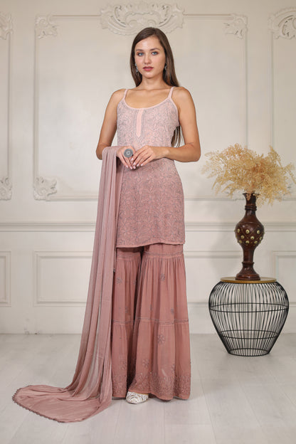 Dazzle in our hand crafted ombre shaded brown georgette Sharara set.