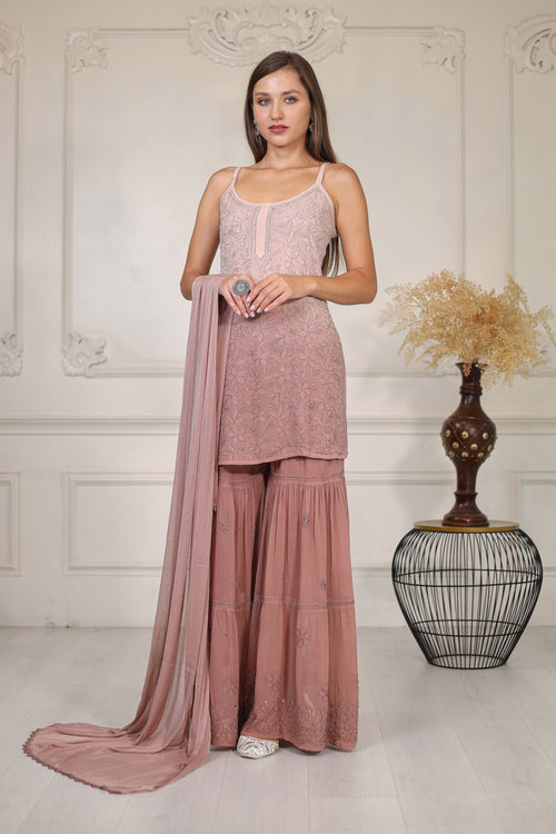Dazzle in our hand crafted ombre shaded brown georgette Sharara set.