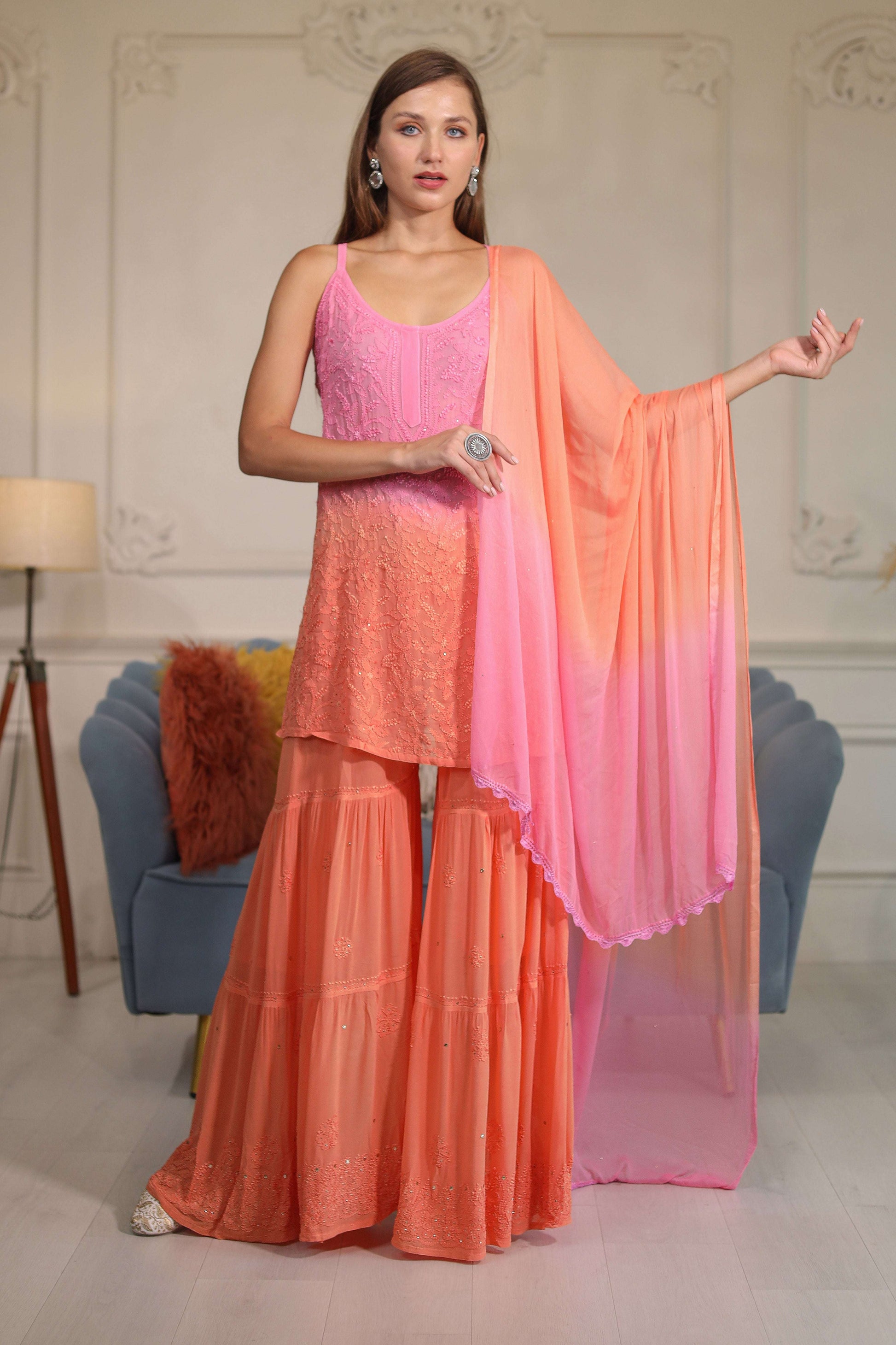 This Sharara set, featuring exquisite mukaish work