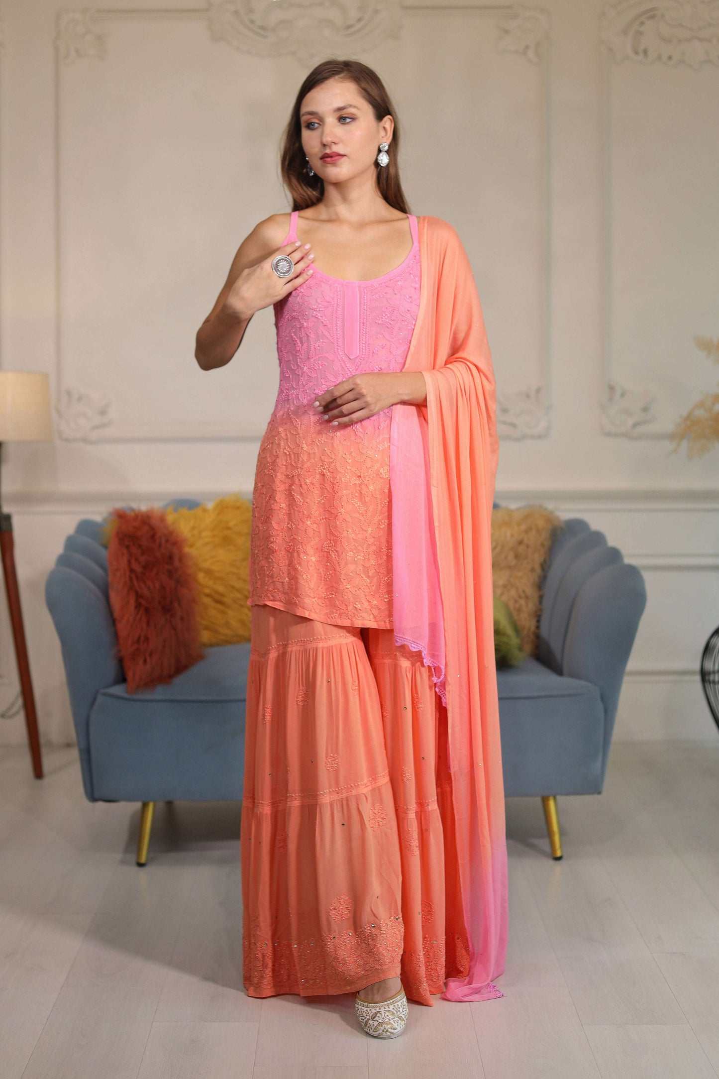 crafted ombre shaded pink and orange georgette Sharara set