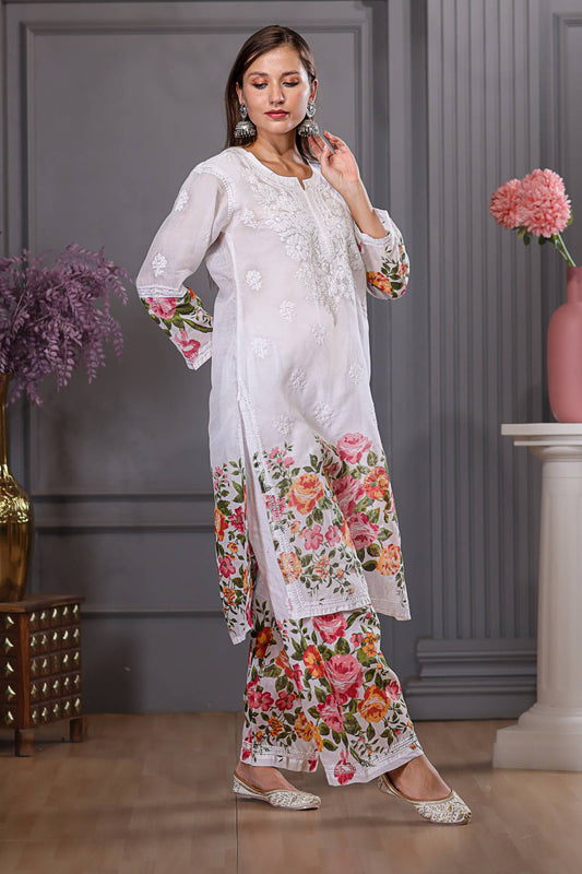 Muslin Chikankari multicoloured printed kurta and pant