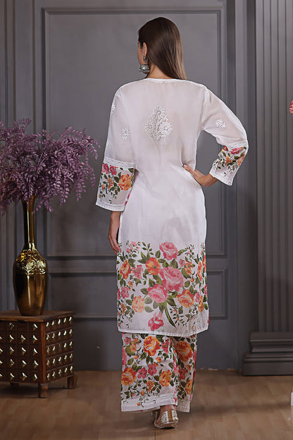 The floral design and chikankari detailing add elegance. it combines comfort with refined style.