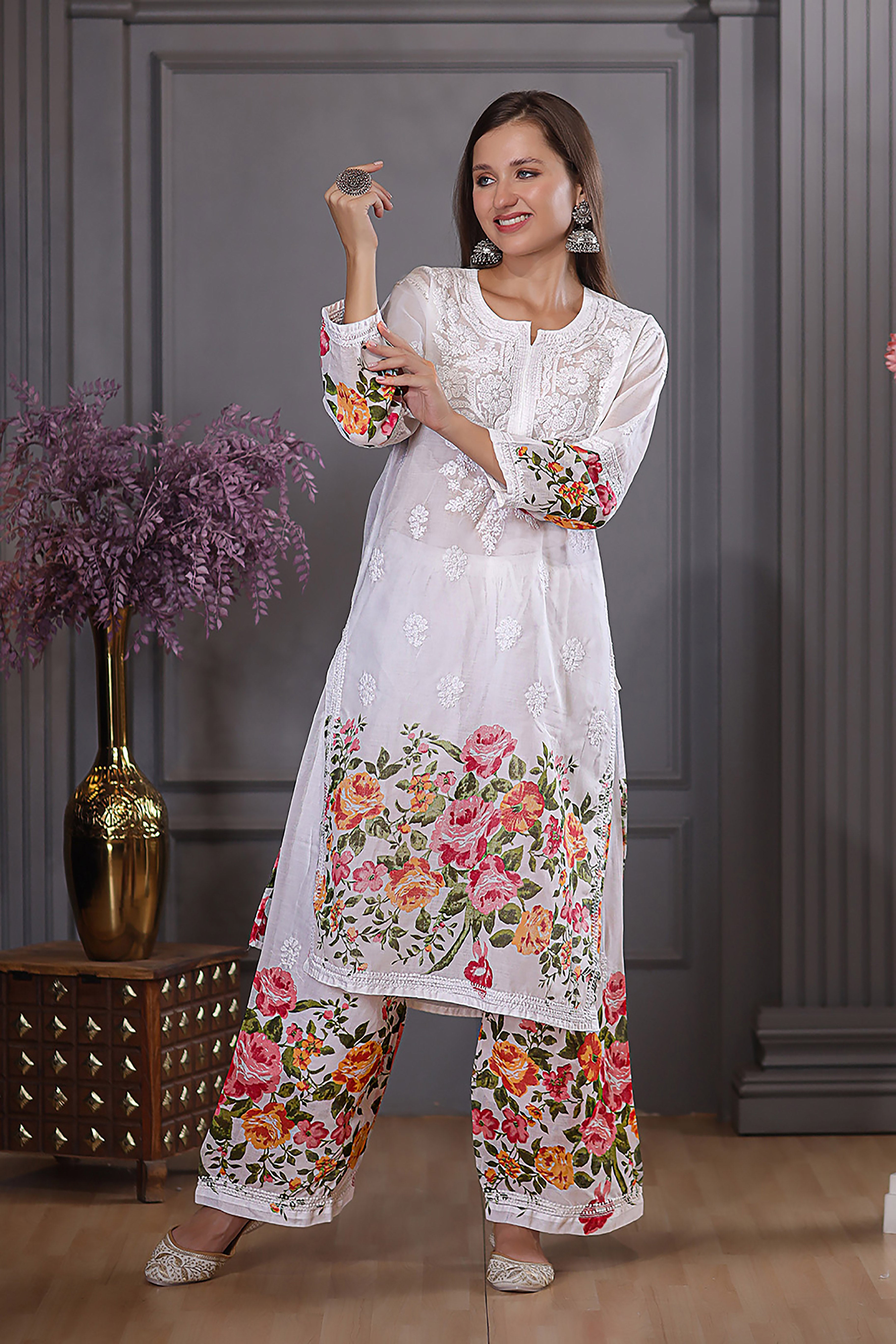This multicoloured floral print Cotton kurta pant set