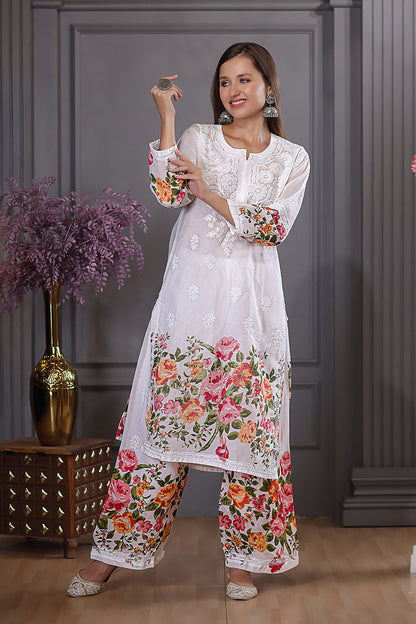 This multicoloured floral print Cotton kurta pant set