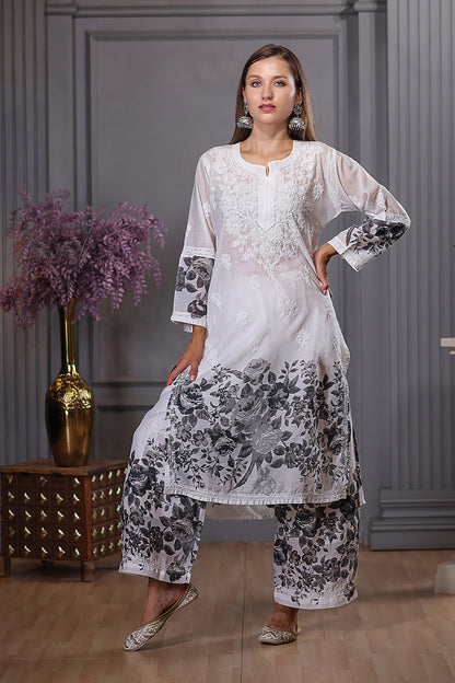 This monocromatic floral print Cotton kurta pants set