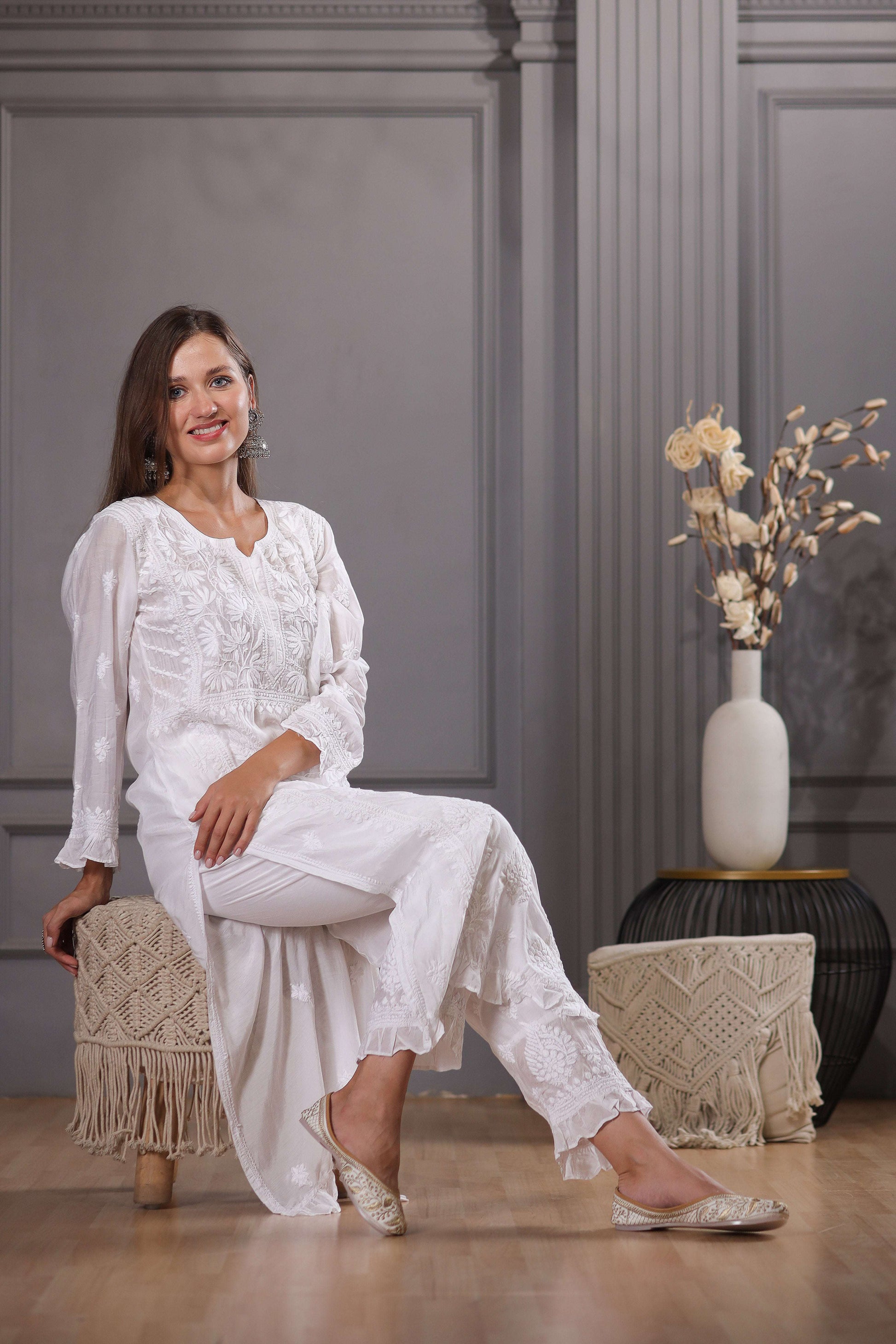 white Muslin yoke kurta with pant