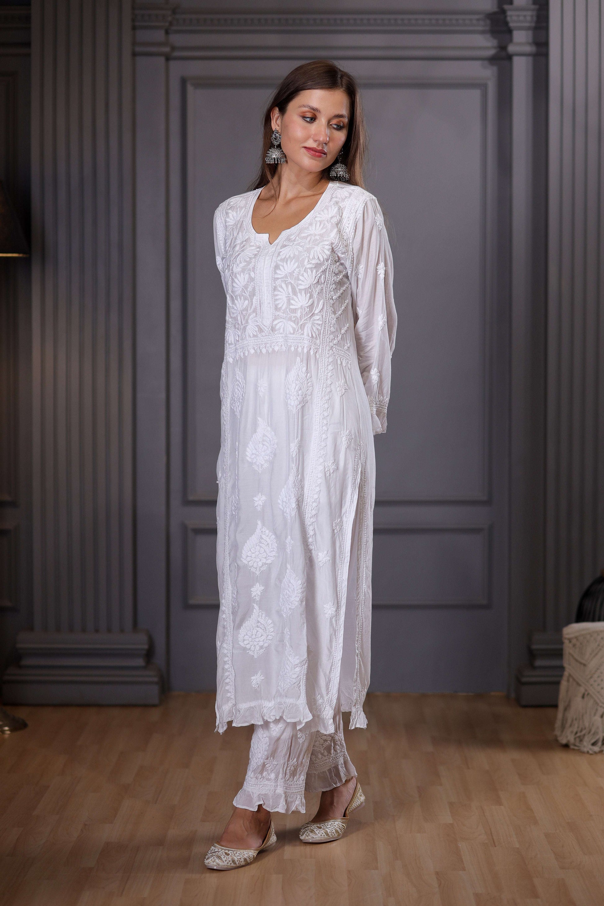 white chikankari Paired with comfortable pant