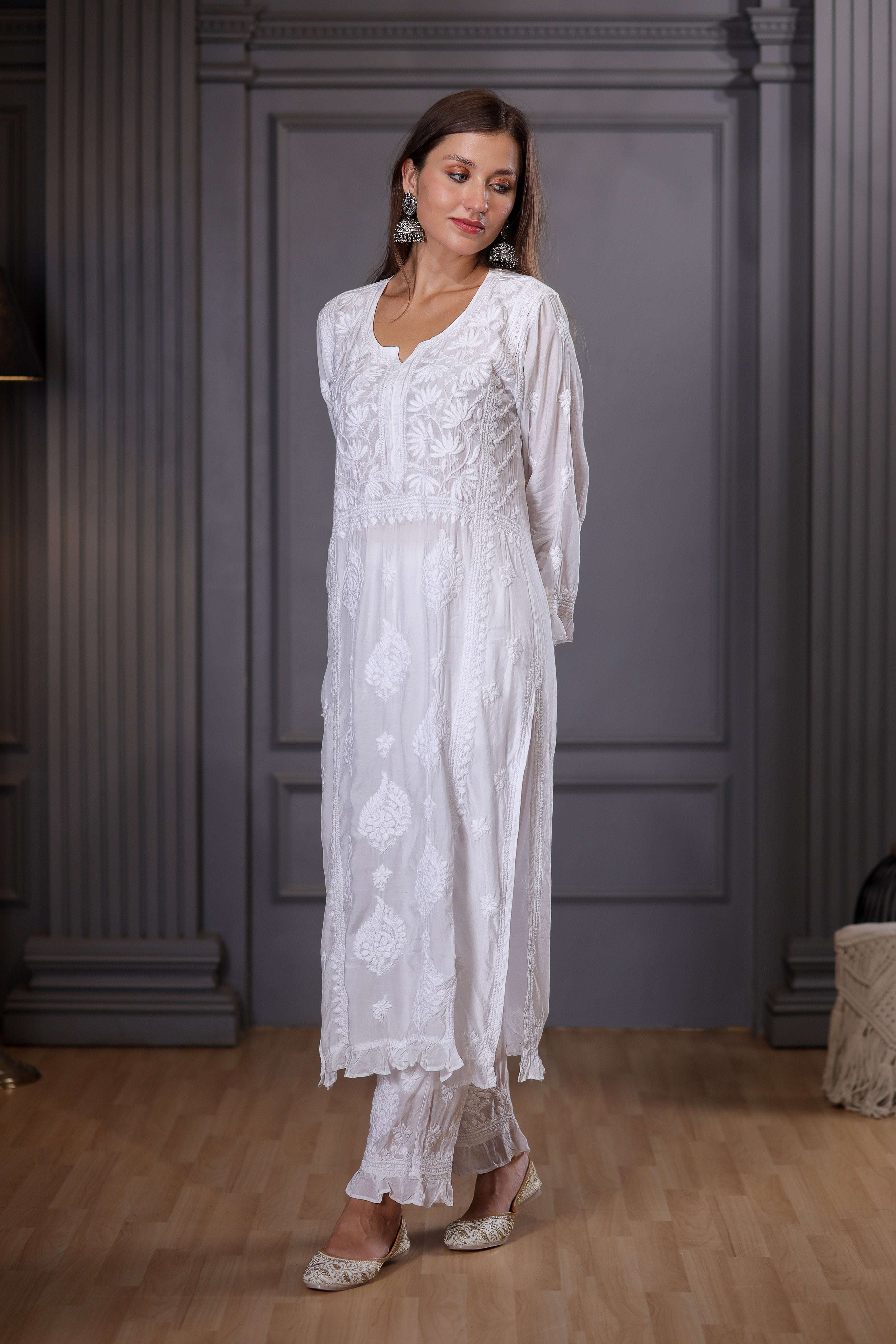 white chikankari Paired with comfortable pant