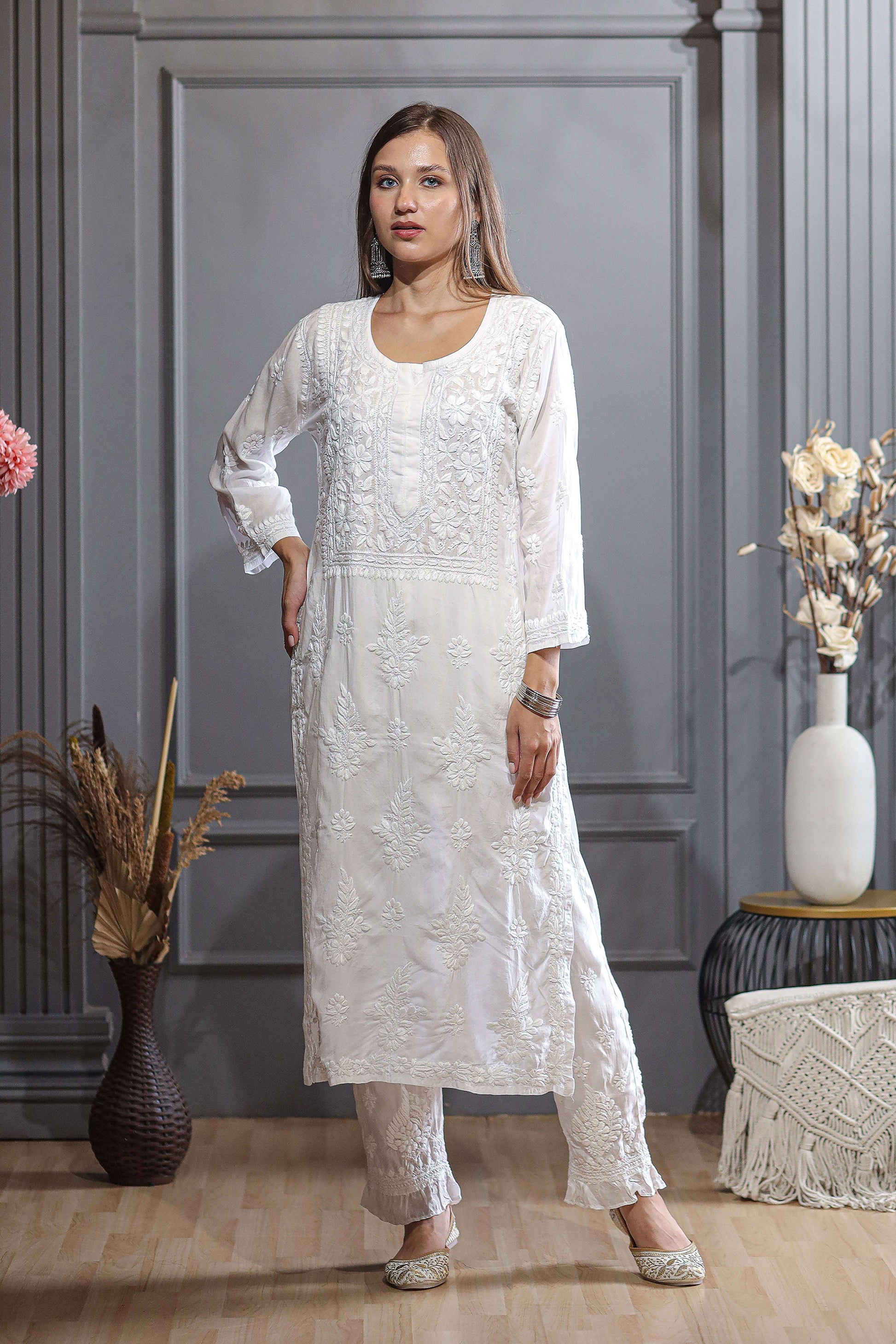 White chikankari  Kurti unique and fully Hand-Embroidered