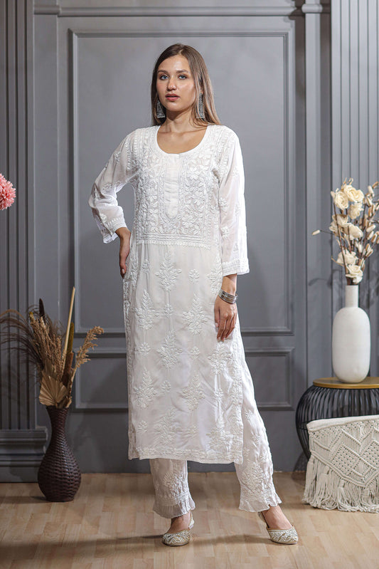 White chikankari  Kurti unique and fully Hand-Embroidered