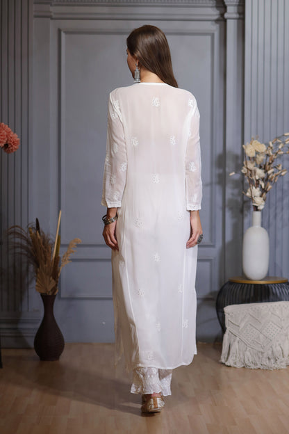 A slightly crinkled texture and a soft, flowing drape.