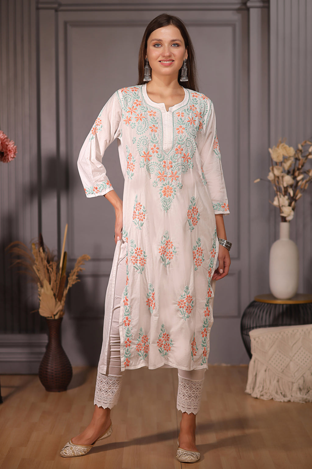 Pure cotton Kurta with detailed multicoloured floral chikankari embroider.