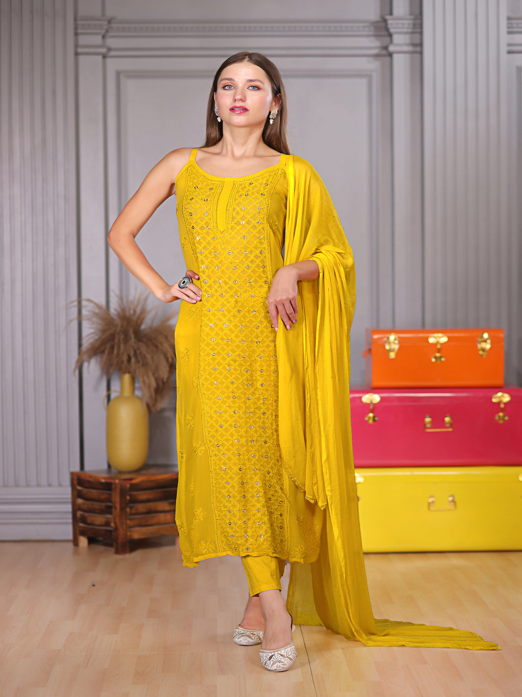 Fiza Yellow Mukaish Chikankari Kurta Set