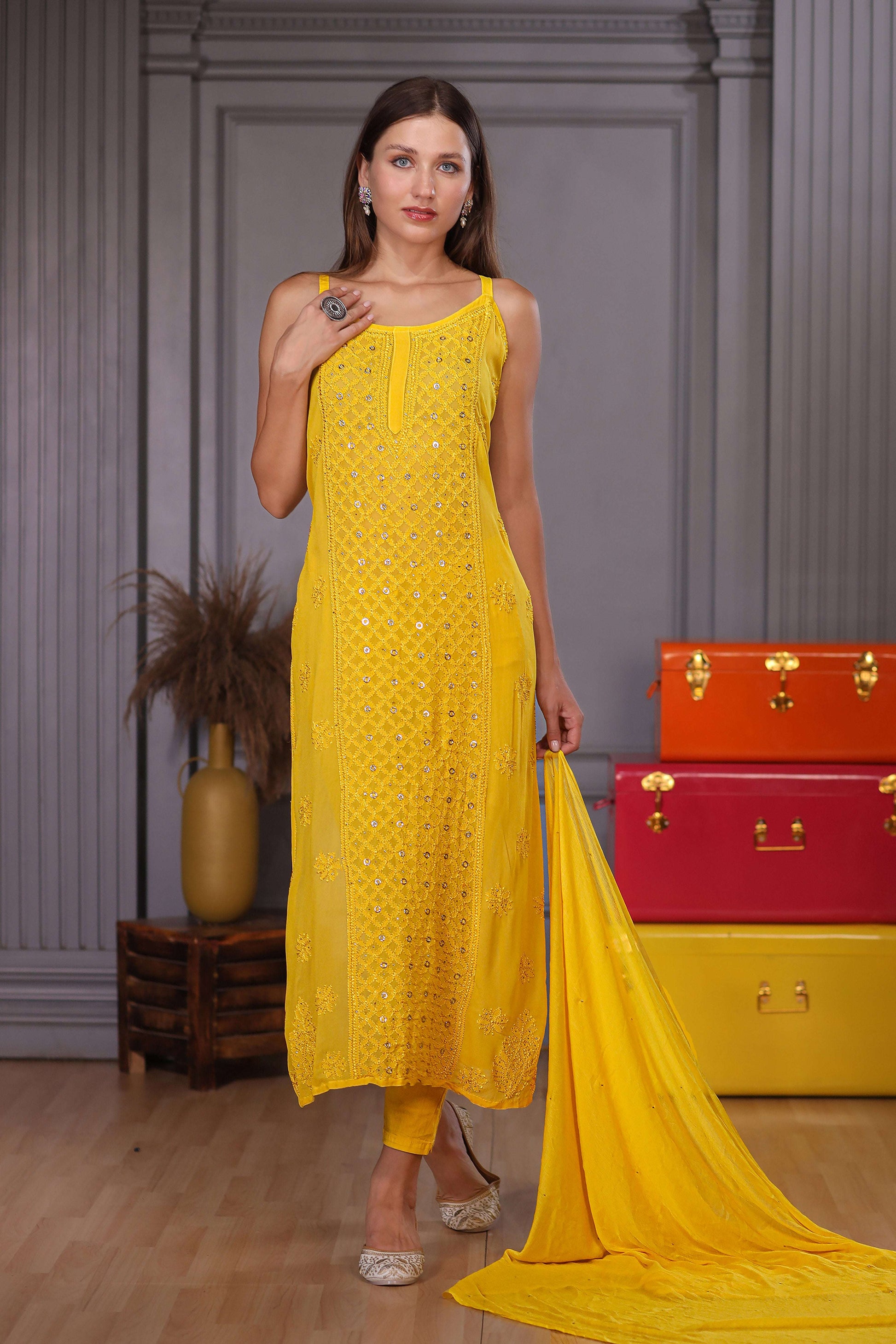 intricate resham thread chikankari and sparkling ring mukaish