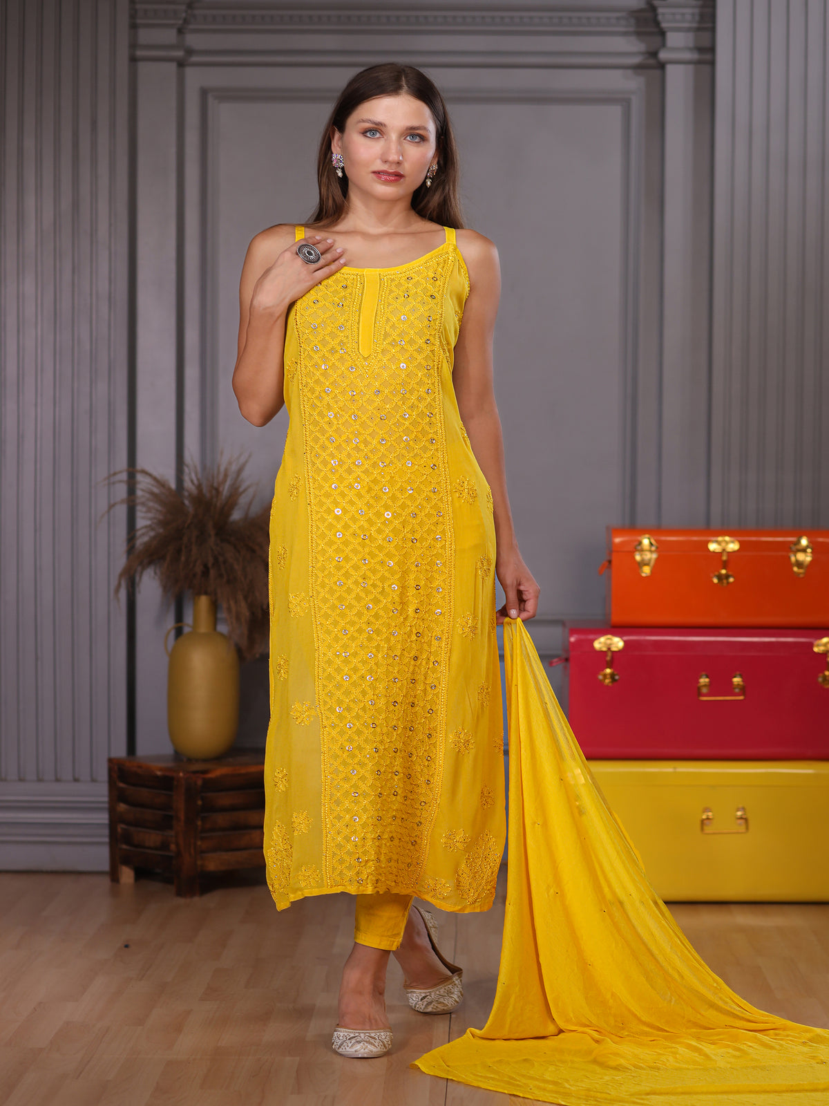 Fiza Yellow Mukaish Chikankari Kurta Set