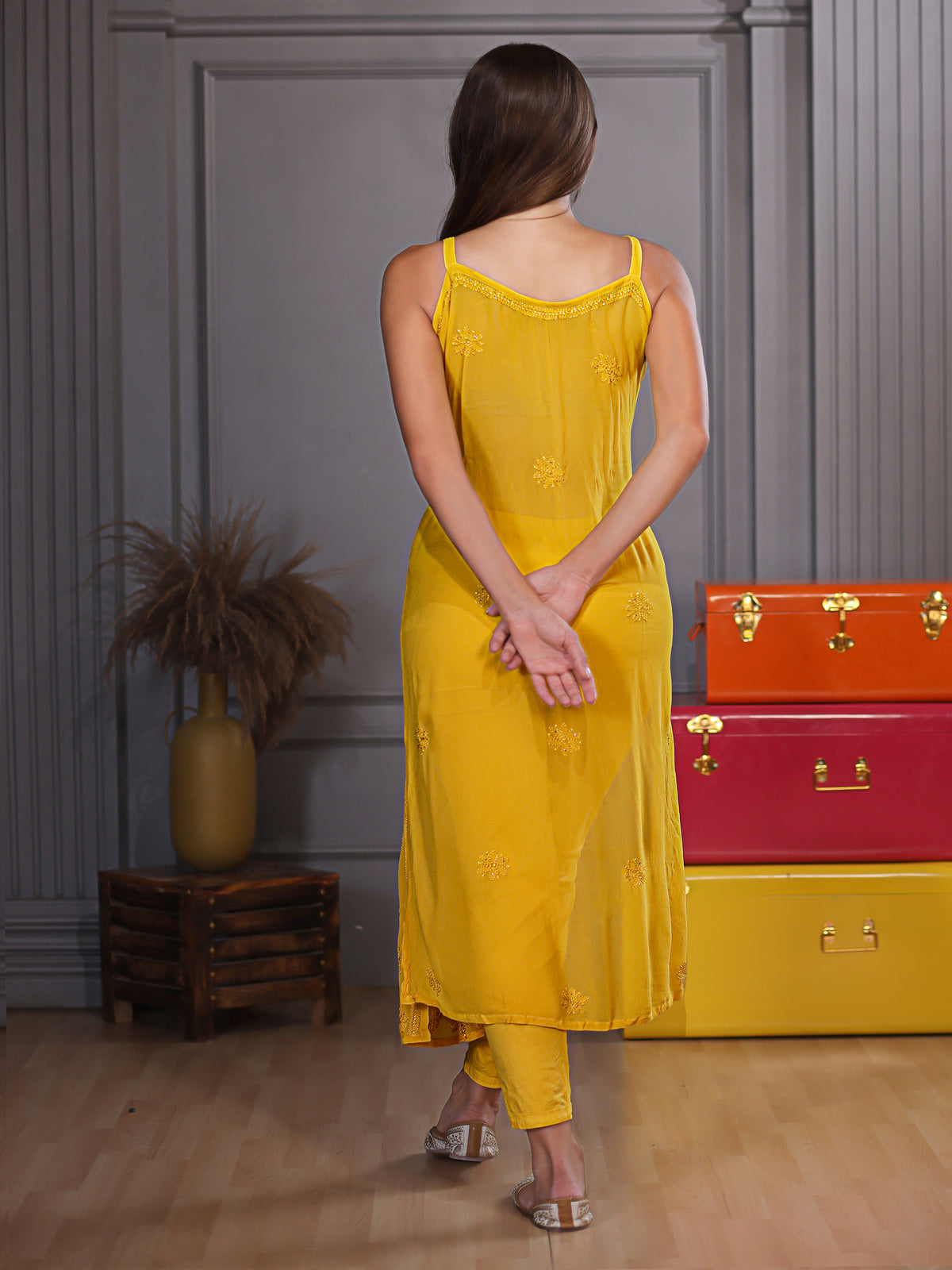 Fiza Yellow Mukaish Chikankari Kurta Set