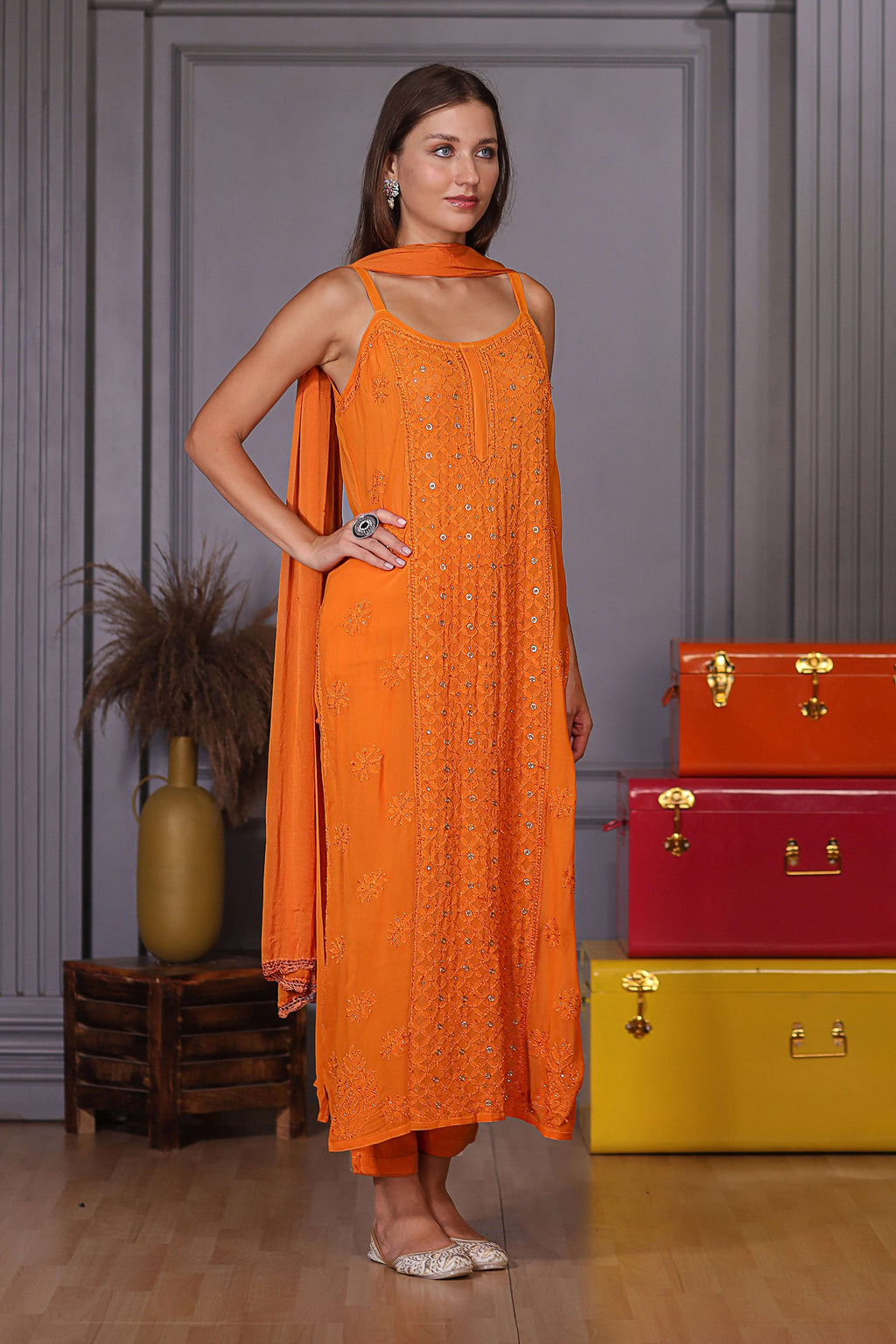 intricate resham thread chikankari and sparkling ring mukaish
