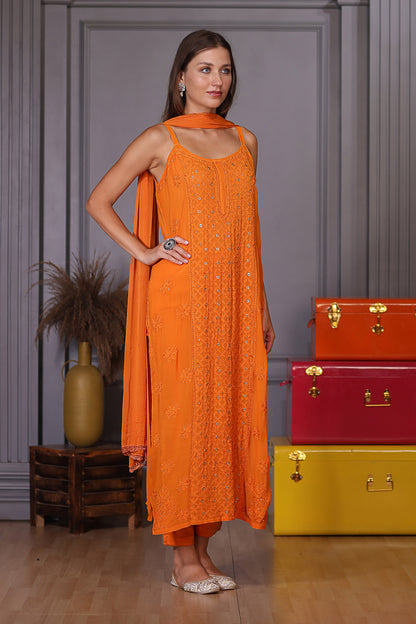 intricate resham thread chikankari and sparkling ring mukaish