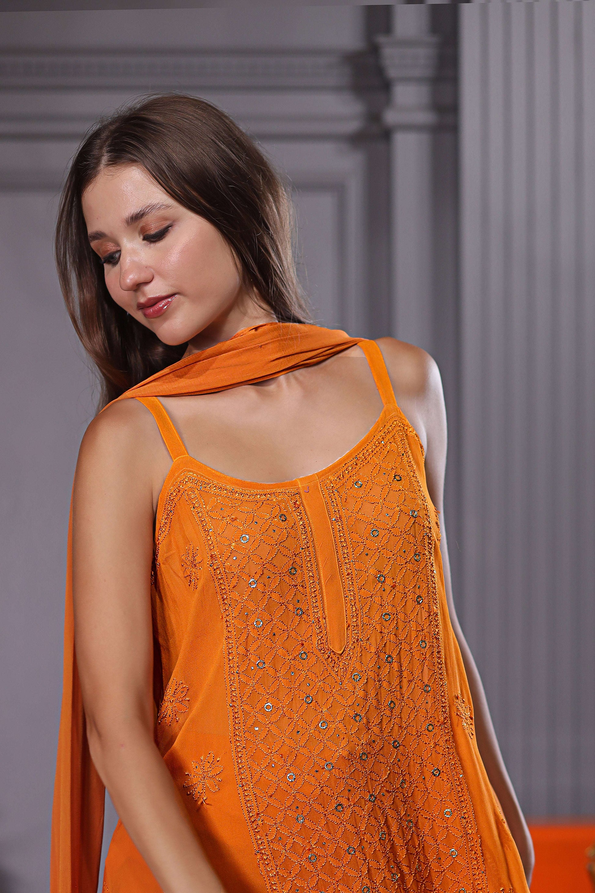 Noodle strap orange Viscose georgette kurta set 