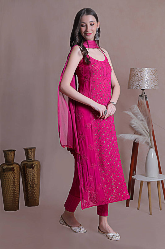 Hot pink Chikankari mukaish suit set