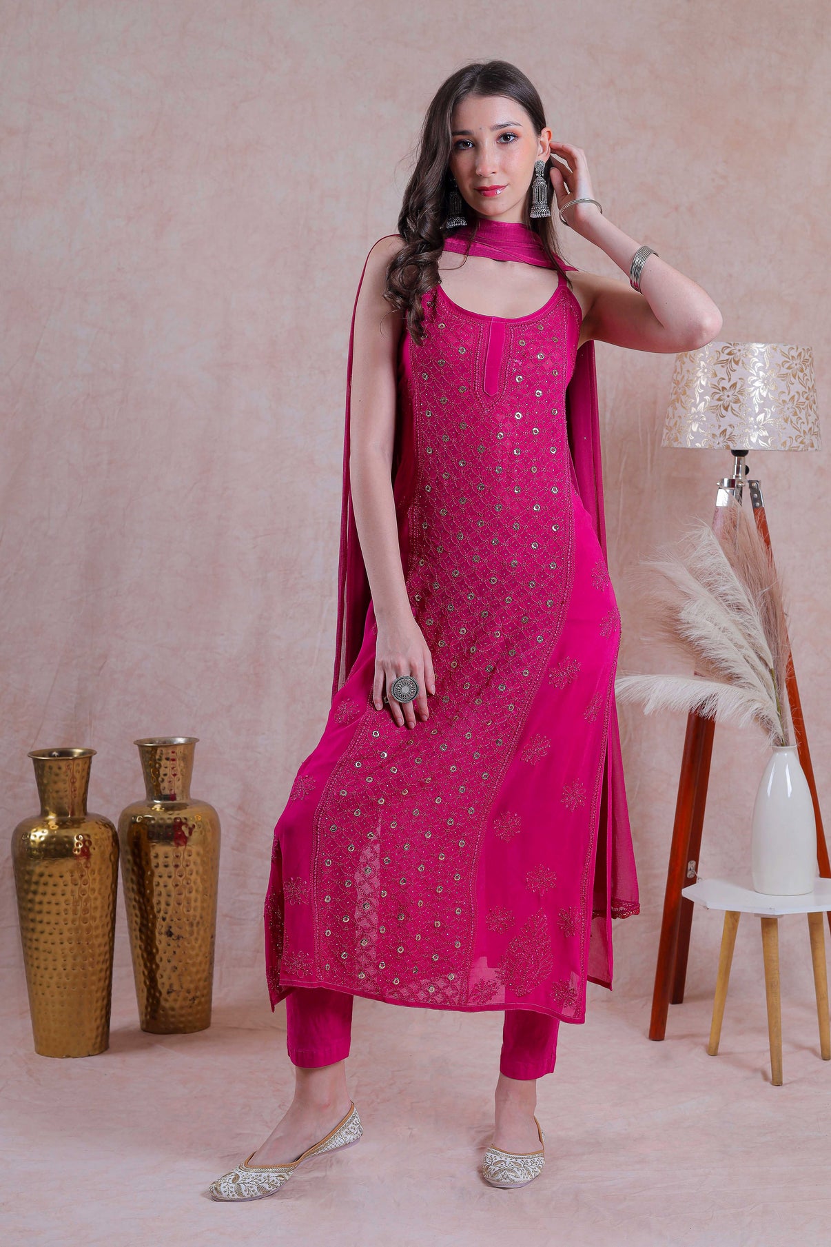 Fiza Rani Pink Mukaish Chikankari Kurta Set – illica designs
