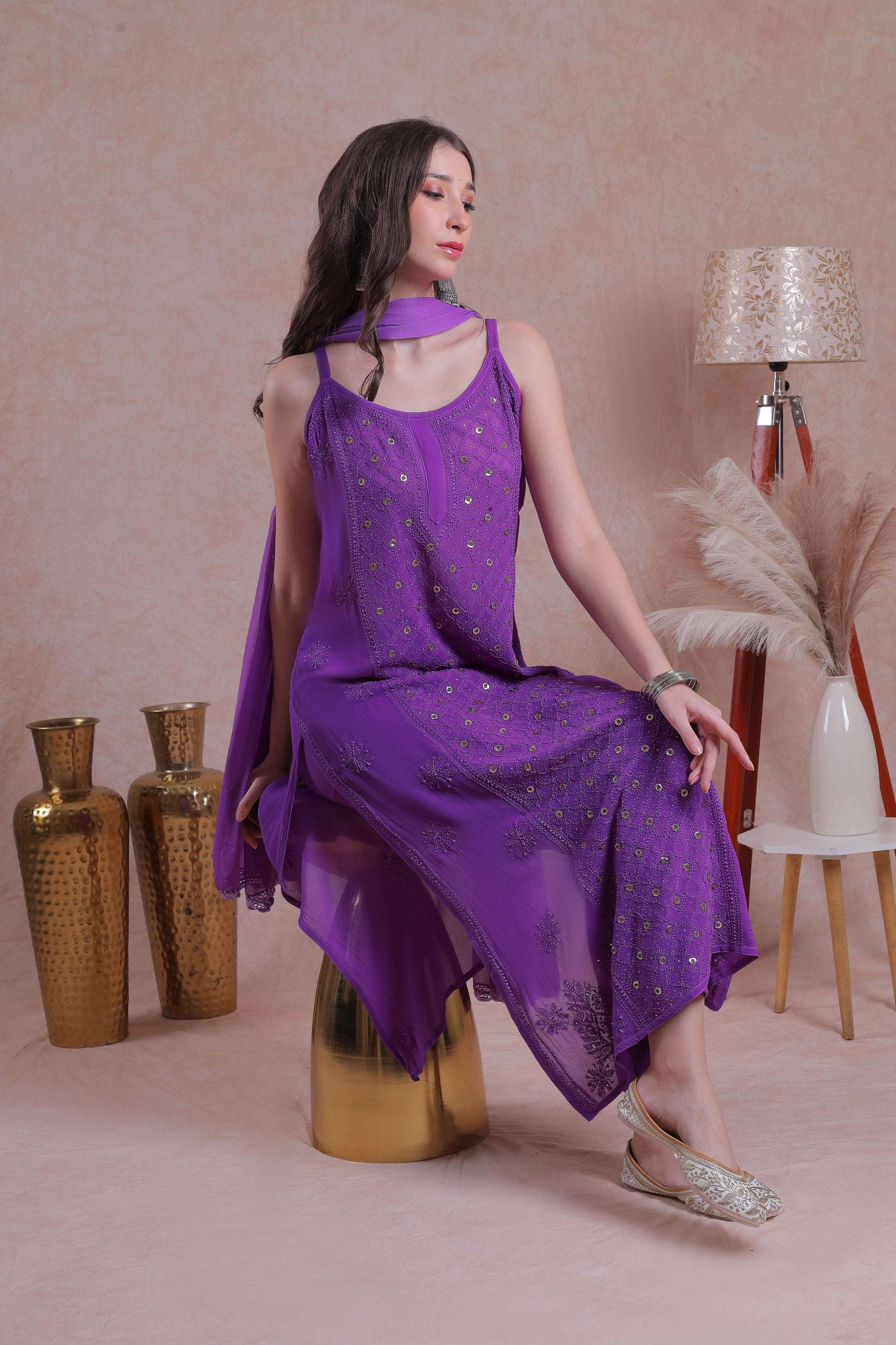 Noodle strap Viscose georgette Kurta, paired with Pant and Dupatta 