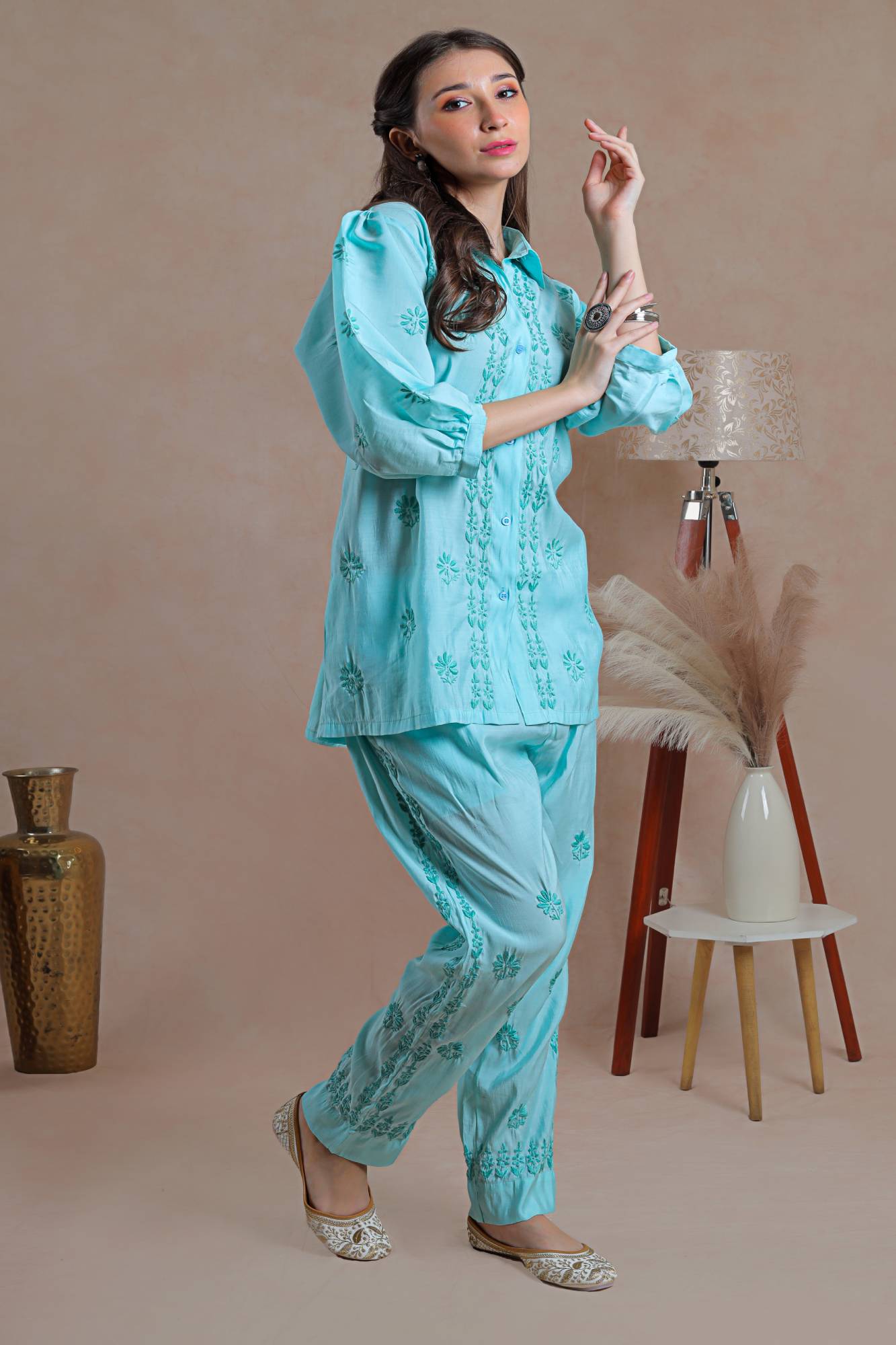 Chikankari pale blue, placement embroidered Coord set