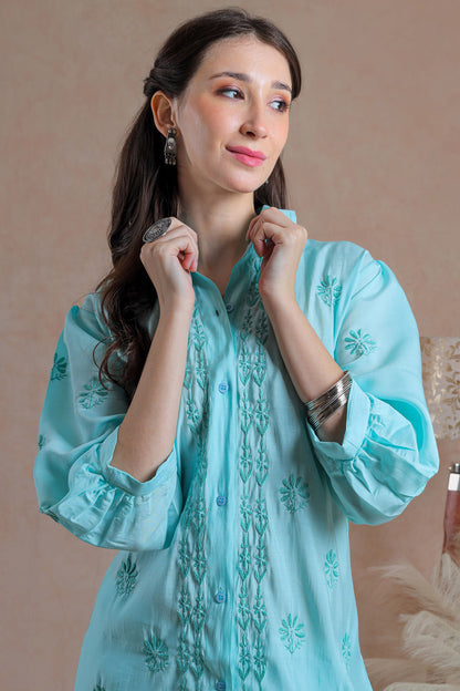 Blue co-ord set with chikankari hand embroidered