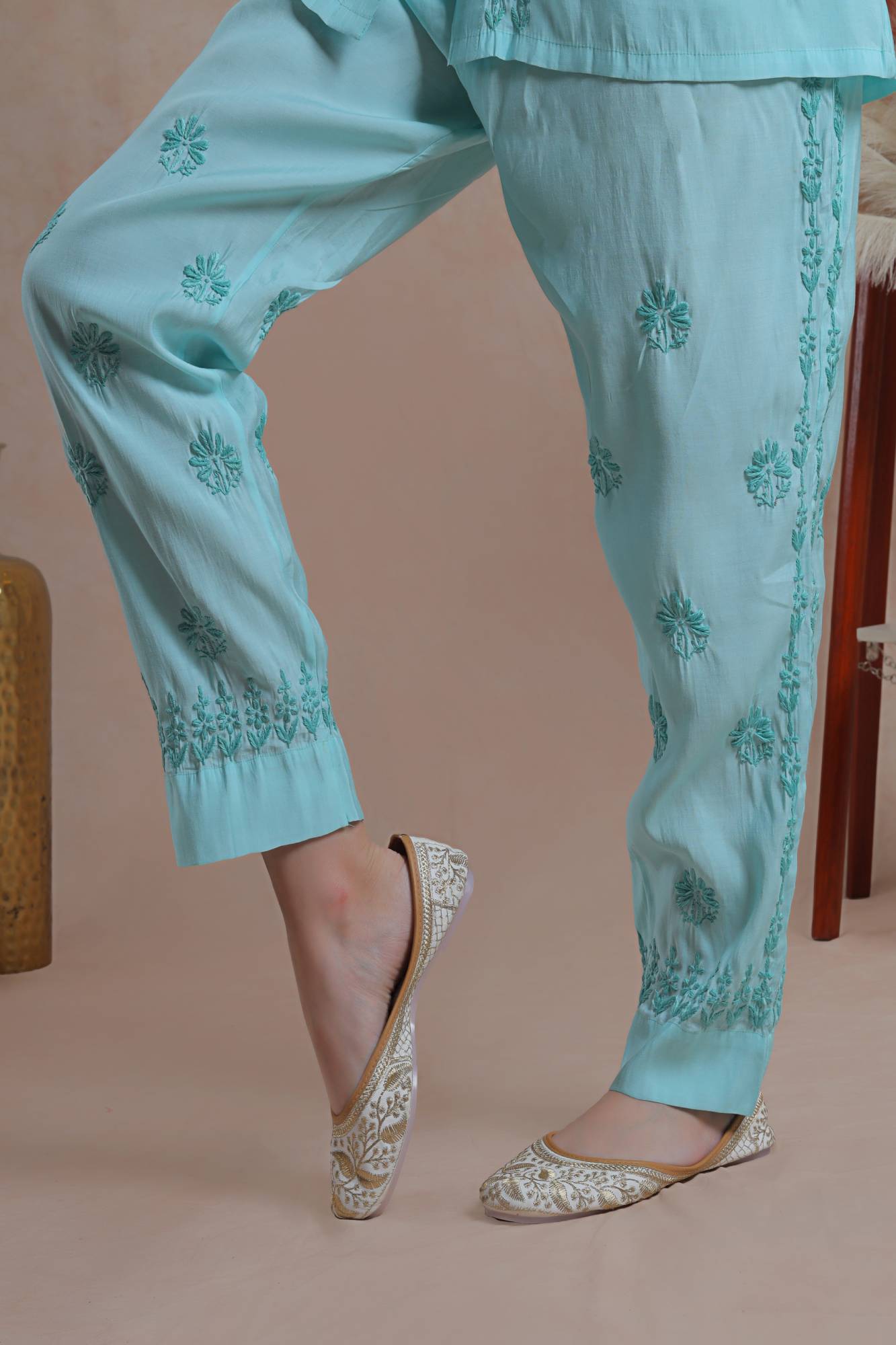 Chikankari pale blue, placement embroidered Coord set