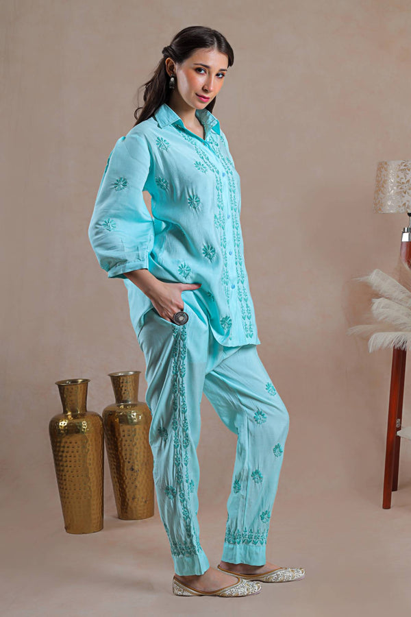 Chikankari pale blue, placement embroidered Coord set