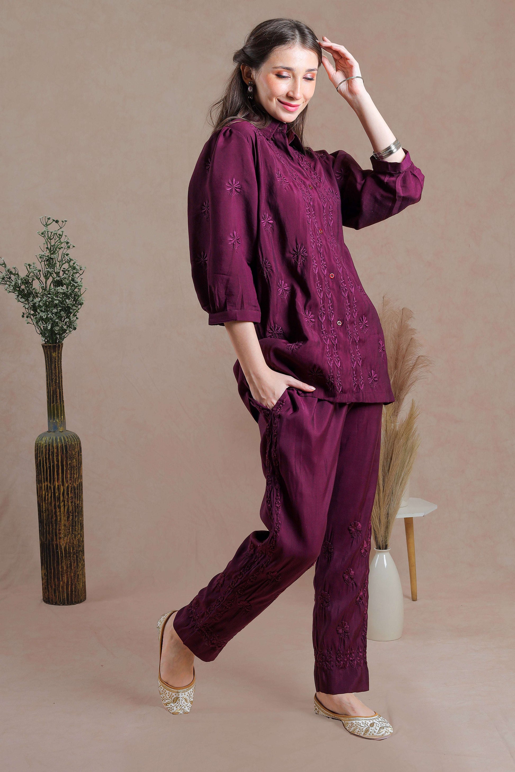 This co-ord set Chanderi fabric luxurious and lightweight textile traditionally woven.