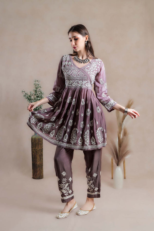 Brown coloured, asymmetrical yoke Chikankari coord set