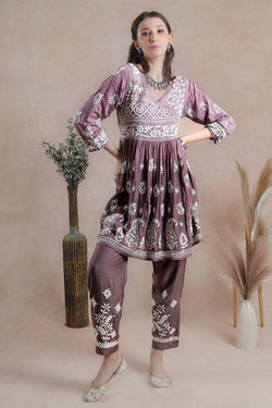 Image of Brown coloured, asymmetrical yoke Chikankari coord set