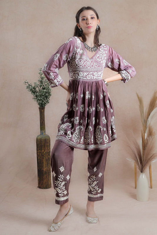 Brown coloured, asymmetrical yoke Chikankari coord set