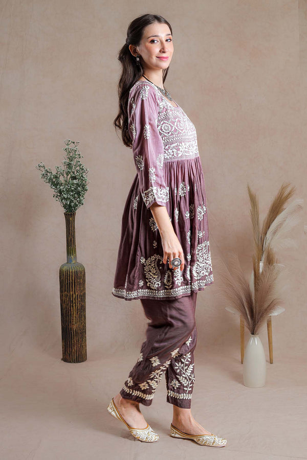 Brown coloured, asymmetrical yoke Chikankari coord set-side view