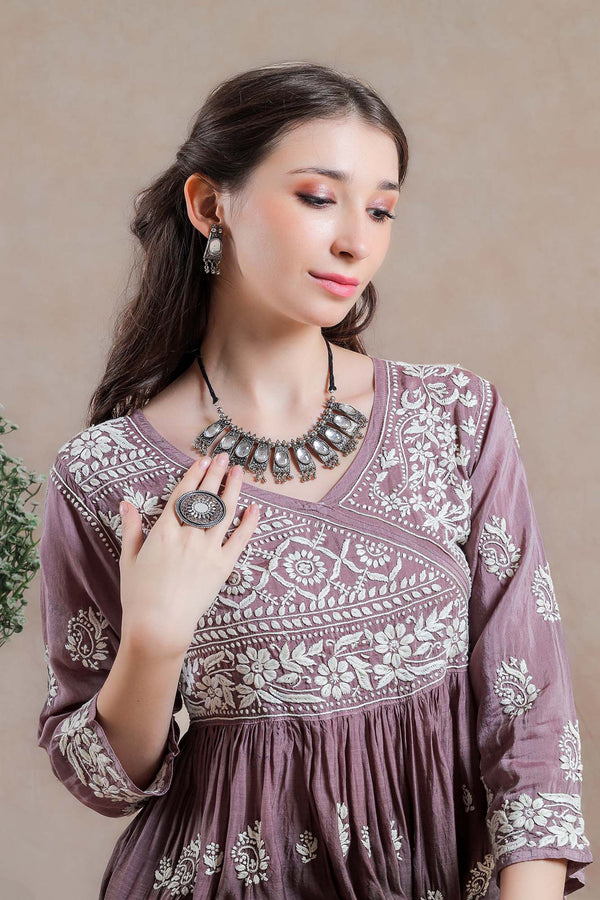 Brown coloured, asymmetrical yoke Chikankari coord set-closup